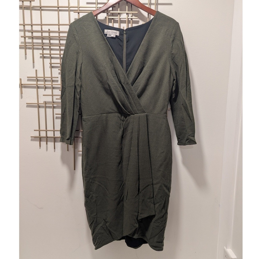 Kay Unger Sheath Dress Green Wool Wrap Look Front Long Sleeve 12 Timeless Chic